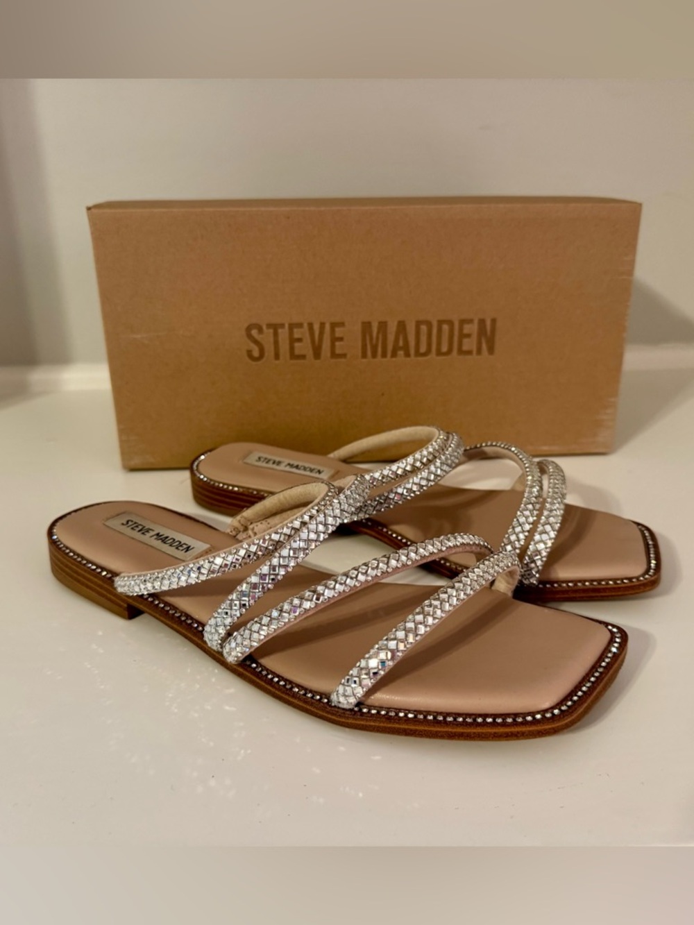 Steve Madden Silver Crystal Strappy Flat Sandals - Women’s